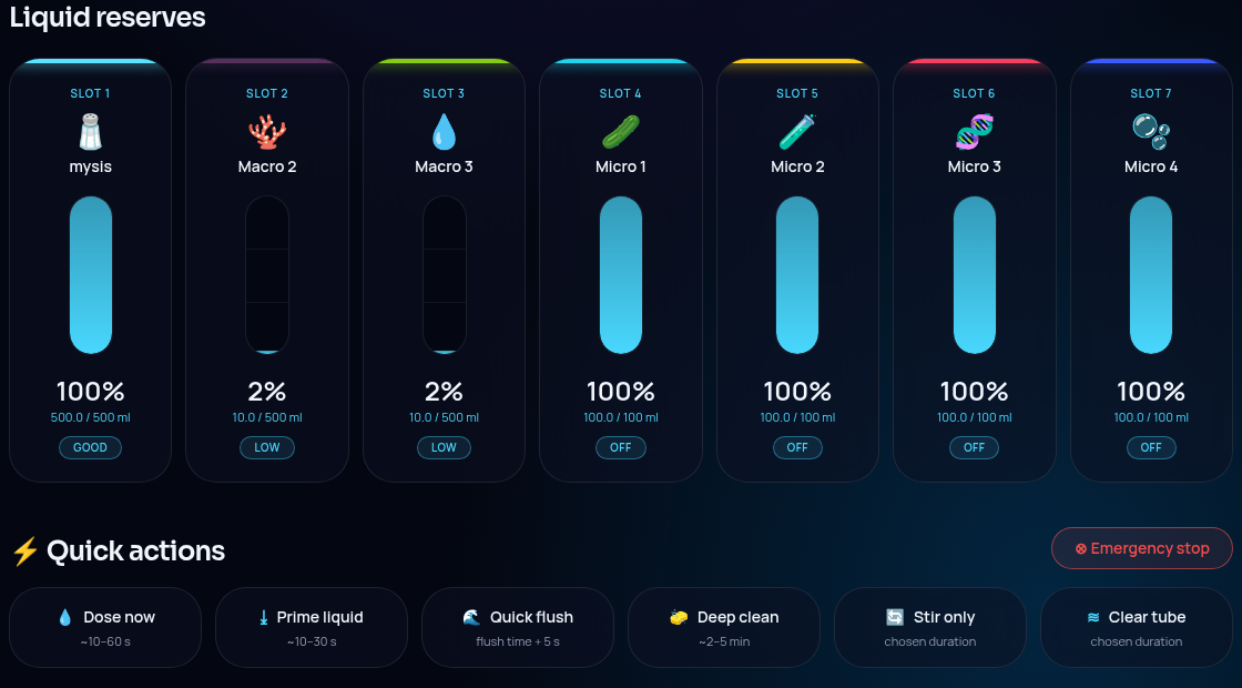 Reef Dripper dashboard showing liquid reserve levels and quick actions